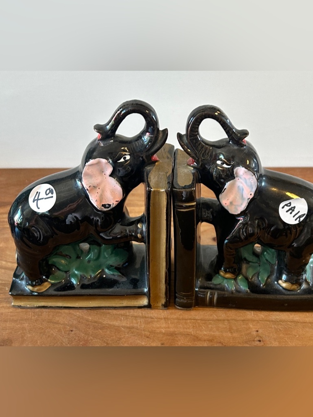 Vintage Ceramic Black/Gold Elephants Book Ends Pink Ear Japan 5 7/8” x 4.5”